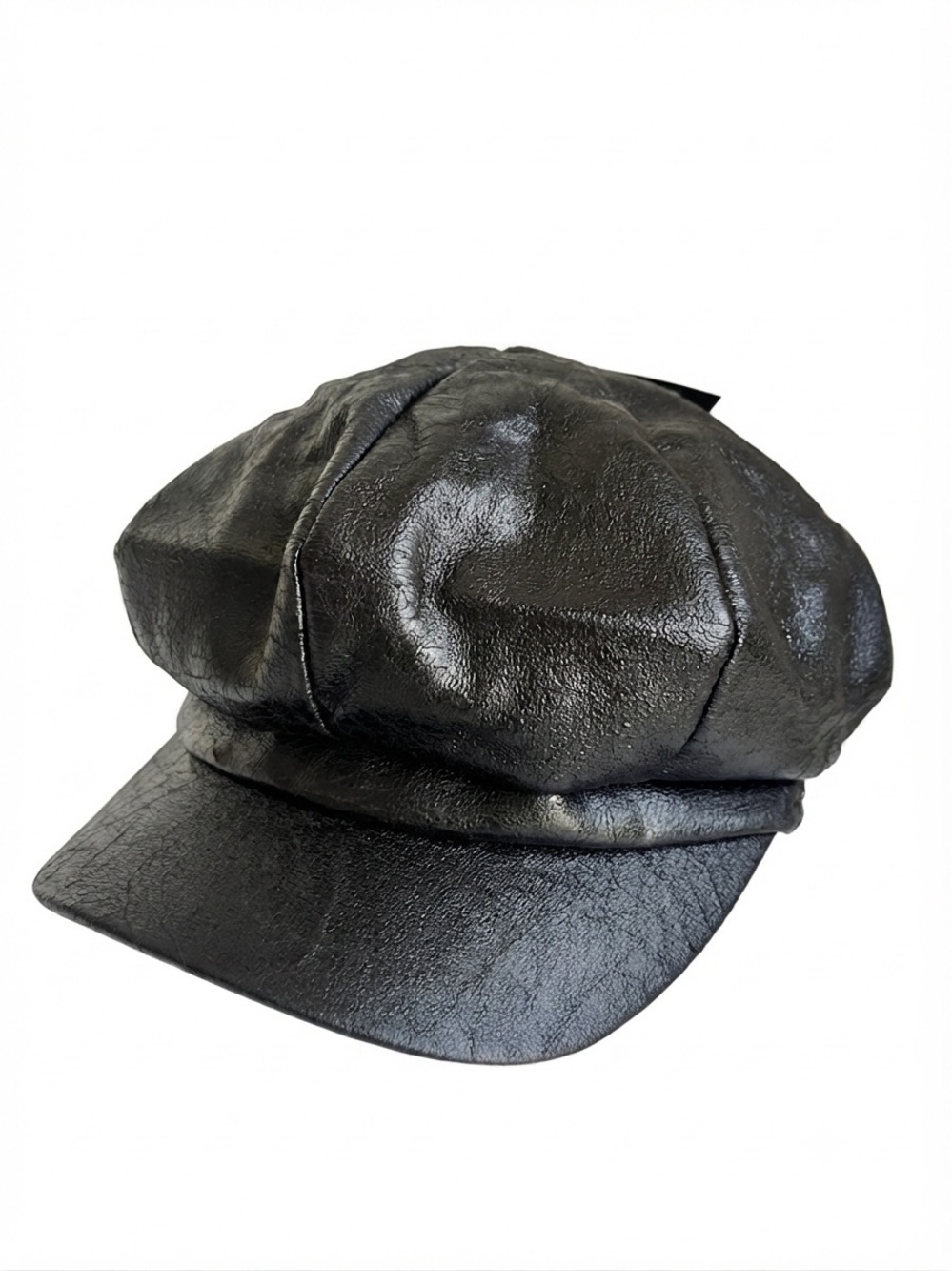 Black Faux Leather Newsboy Hat